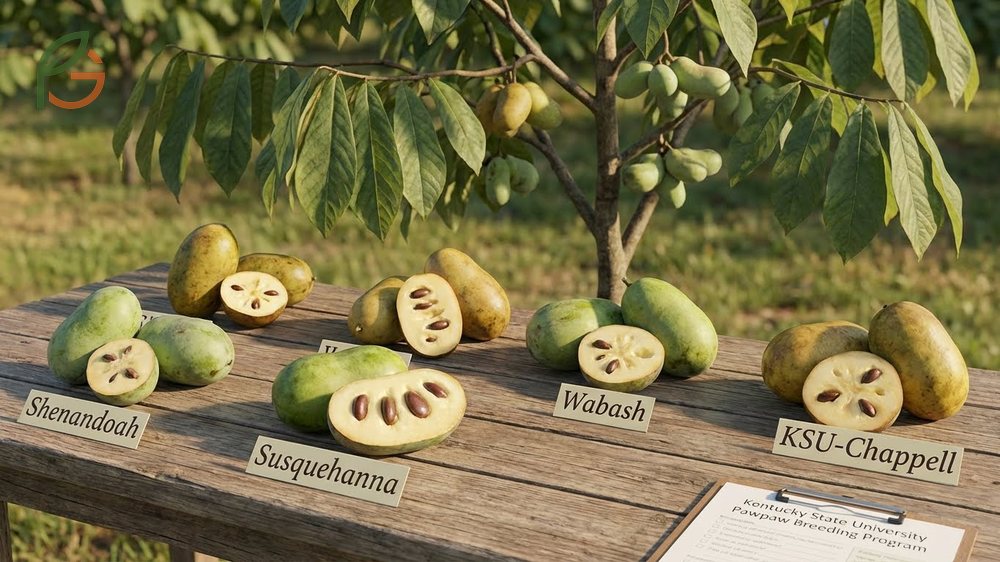 Paw paw varieties displayed together showing size differences between Shenandoah, Susquehanna, and wild cultivars.