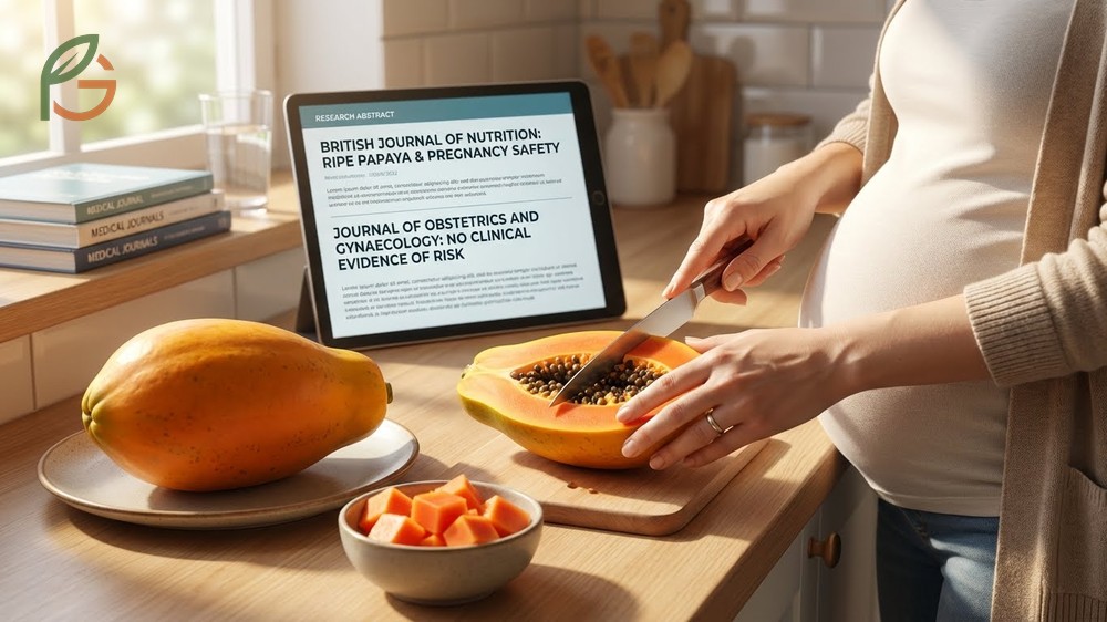 Sliced ripe papaya rich in vitamin C and folate providing essential nutrients for maternal health and fetal development.