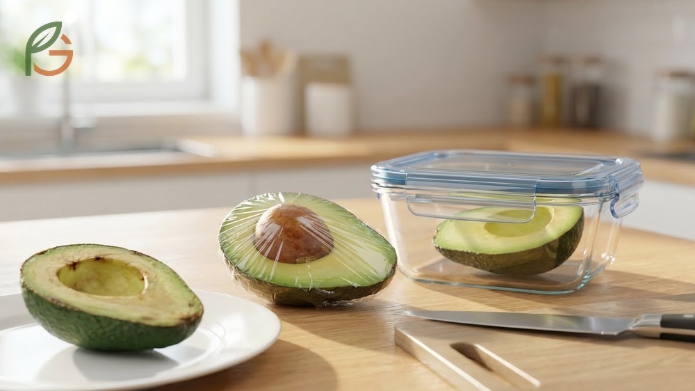 How to store cut avocado using plastic wrap and lemon juice to prevent enzymatic browning and keep it fresh.