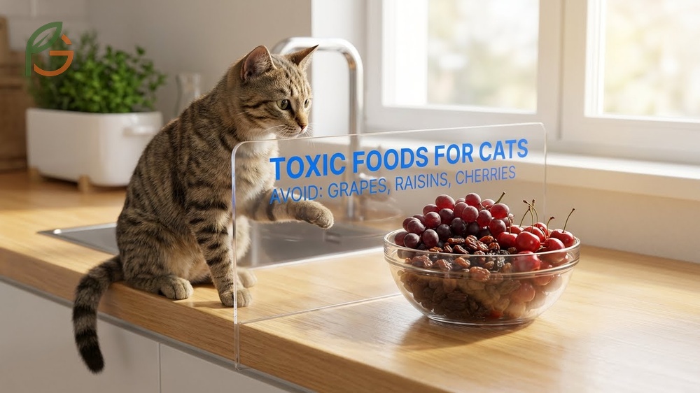 Toxic foods for cats listing dangerous items like grapes onions and chocolate.
