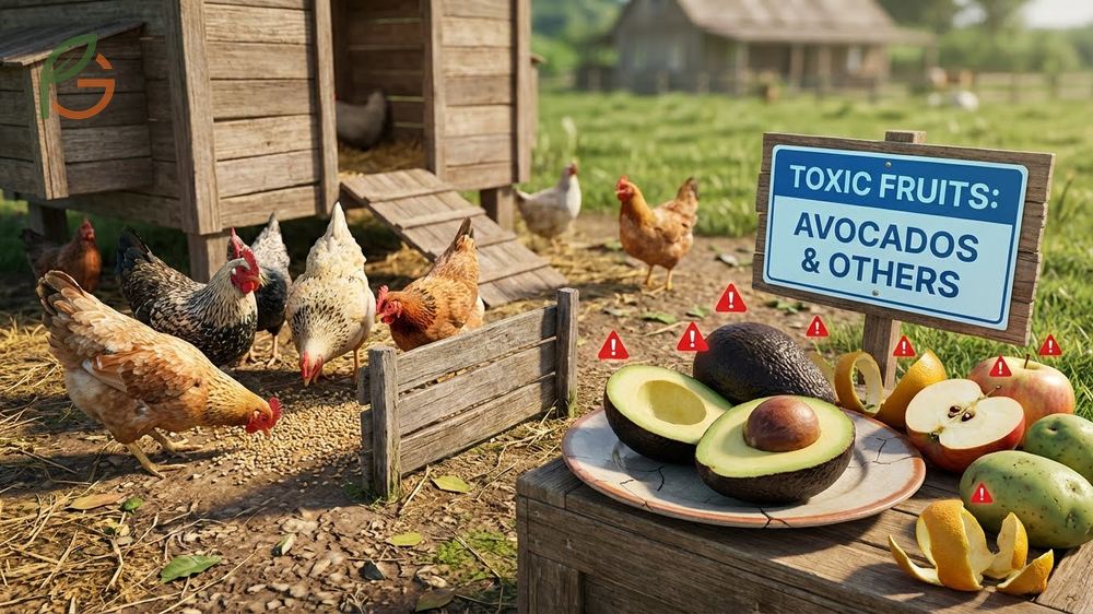What fruits are toxic to chickens including avocados and stone fruit pits that cause fatal reactions.