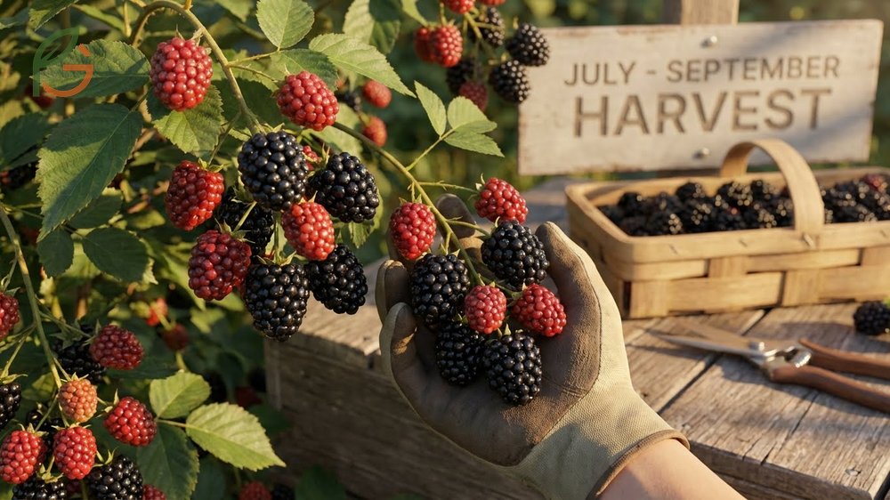 Basket of freshly harvested blackberries picked in the early morning when temperatures are cool and berries are firm.