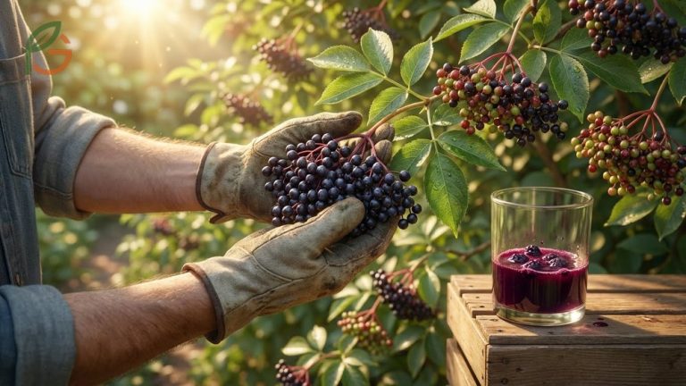 When to harvest elderberry guide showing deep purple-black clusters ready for picking from mid-August.