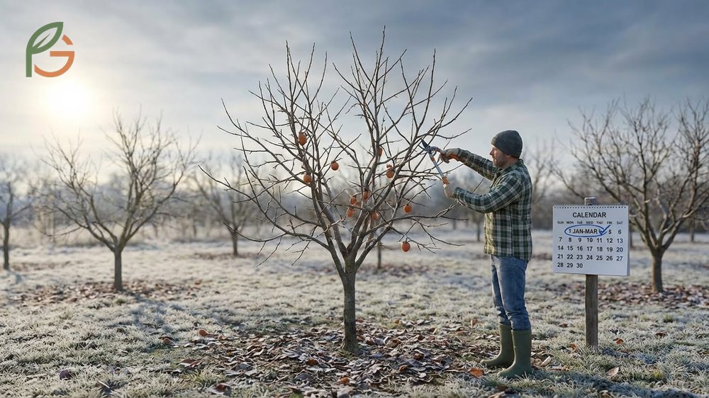 When to prune persimmons during the dormant season between late January and early March to minimize tree stress.