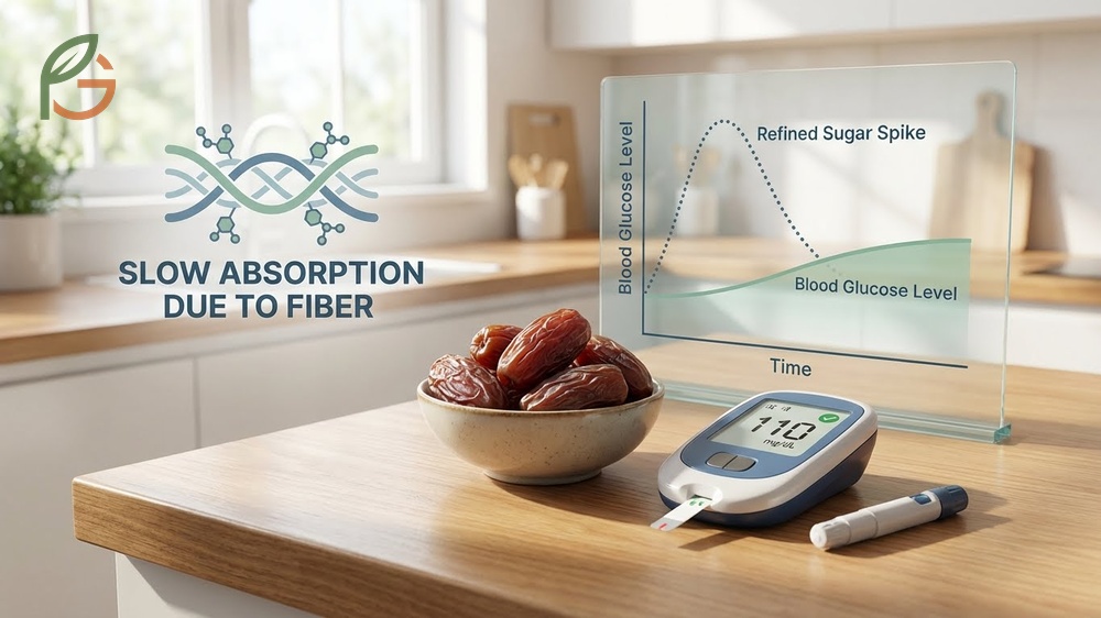 Blood sugar impact of dates is moderated by 7 grams of fiber per 100g which slows carbohydrate absorption and prevents spikes.