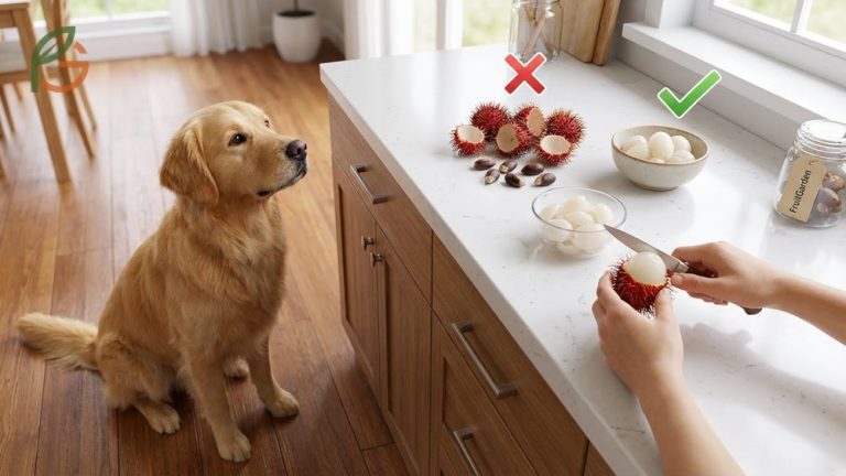 Can dogs eat rambutan safety overview showing safe white flesh versus toxic seeds and hairy skins that pose choking risks.