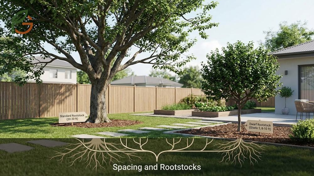 Spacing and rootstocks guide showing dwarf trees on Gisela 5 planted 8 to 10 feet apart.