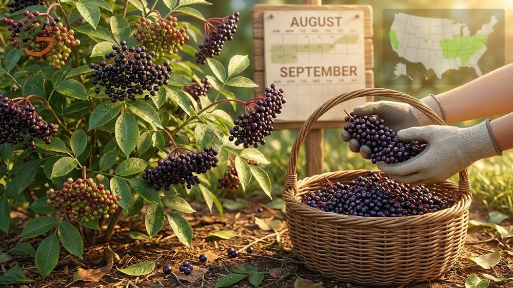 When to harvest elderberry based on regional timing variations and plant maturity factors for best yield.
