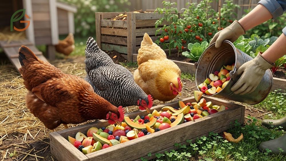 Feeding chickens fruit scraps tips on washing produce and removing seeds for safe backyard composting.