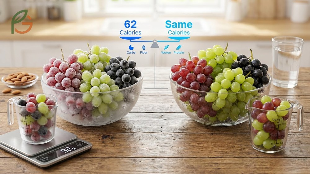 Frozen grapes providing 62 calories per cup making them a low-calorie healthy snack alternative.
