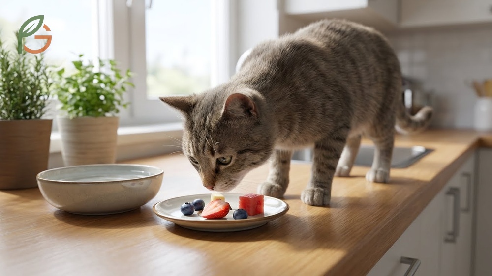 Fruits safe for cats list featuring blueberries bananas and cantaloupe in small amounts.