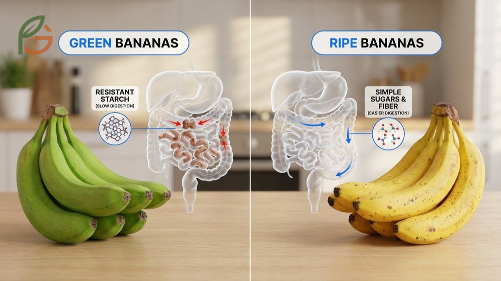 Green banana vs ripe banana comparison showing how 70 percent resistant starch changes to sugar.
