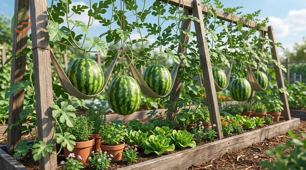 Growing watermelon vertically works best with compact varieties like Sugar Baby weighing 8 to 10 pounds.