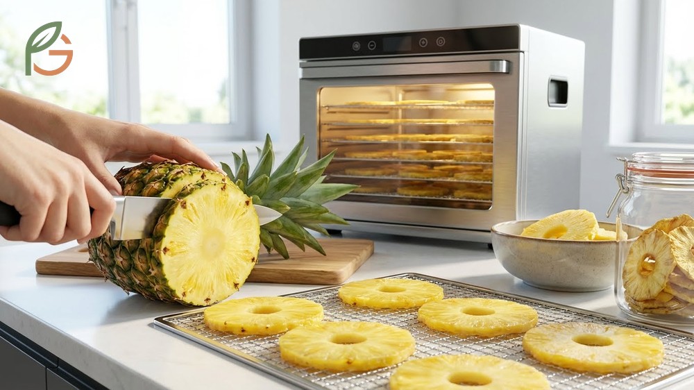 How to dehydrate pineapple starts with selecting ripe fruit and slicing rings to uniform thickness.
