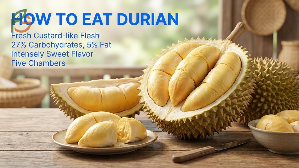 How to eat durian fresh involves enjoying flesh with 27 percent carbohydrates and 5 percent fat content.