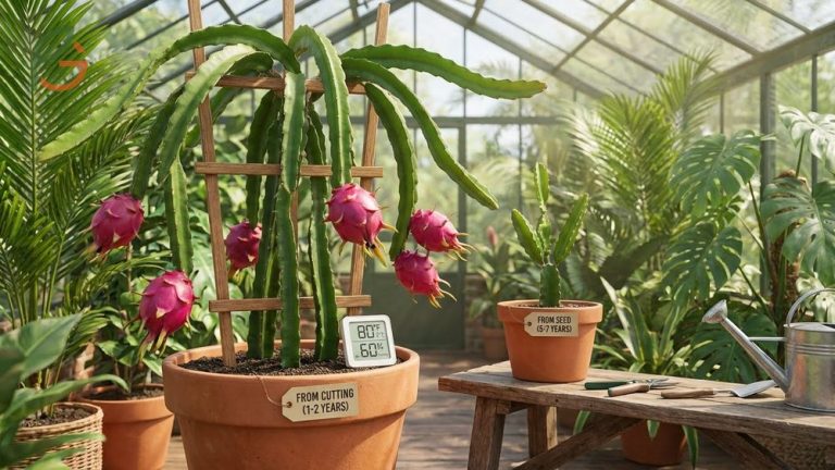 Planting a healthy dragon fruit cactus cutting into a pot with well-draining soil and a sturdy support pole.