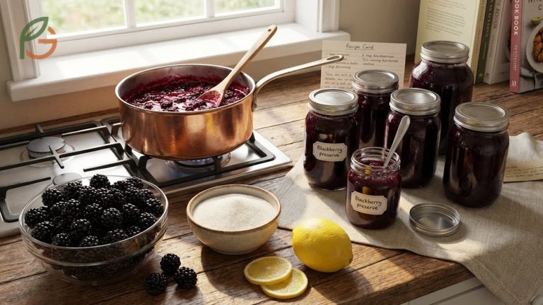 homemade blackberry preserves in a glass jar with fresh ripe blackberries nearby, showing thick dark purple berry jam texture on a rustic wooden kitchen table