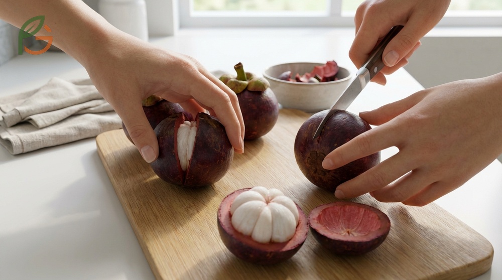 How to open mangosteen techniques involve gentle hand compression or knife scoring to safely remove the toxic rind.