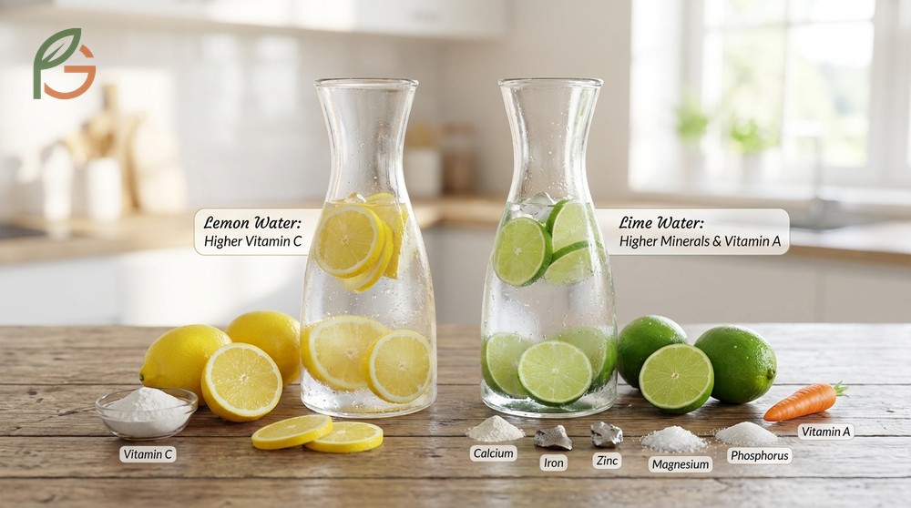 Lime water vs lemon water comparison reveals limes offer 13.2mg vitamin C while lemons provide slightly more at 18.6mg.