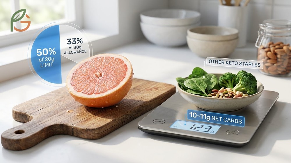 Half a medium grapefruit delivers 10 to 11g net carbs which leaves little room for vegetables on keto.