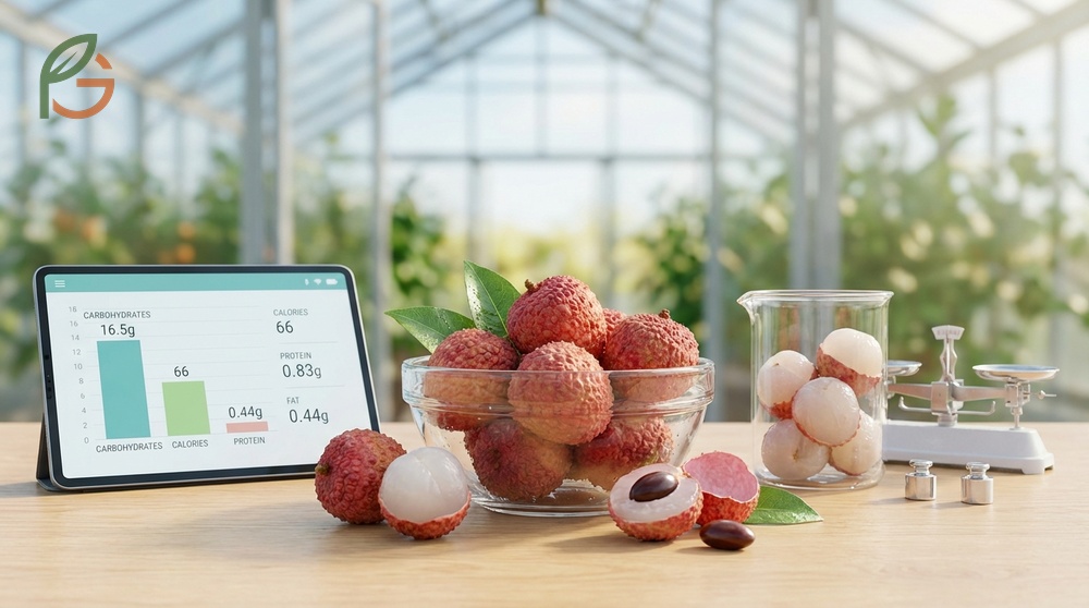 Nutritional value of lychee fruit includes sixty-six calories per serving with zero cholesterol and minimal fat.