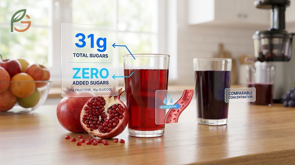 Pomegranate sugar content breakdown showing 31g total sugars per cup.
