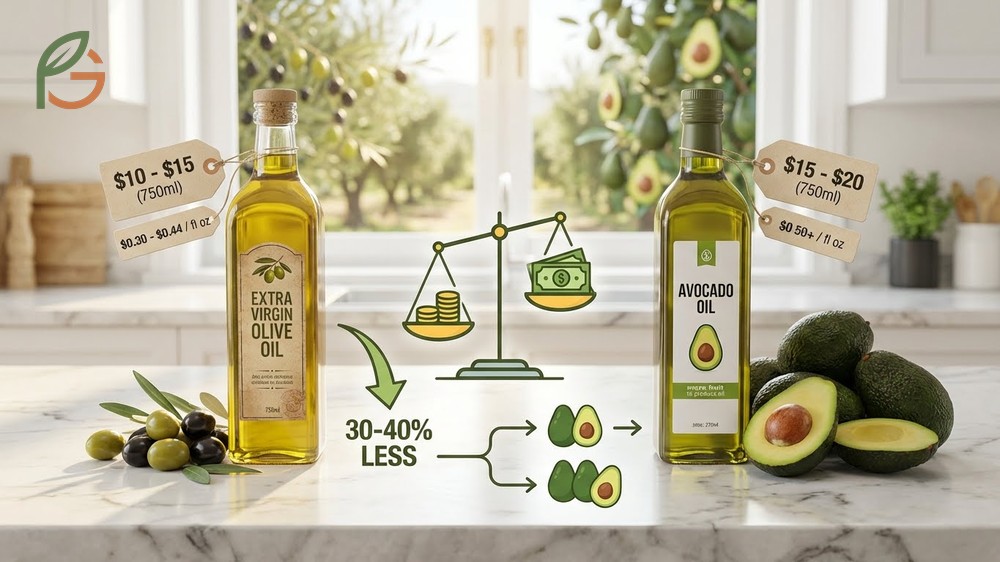Olive oil typically costs thirty to forty percent less than avocado oil and is more widely available in global grocery stores.