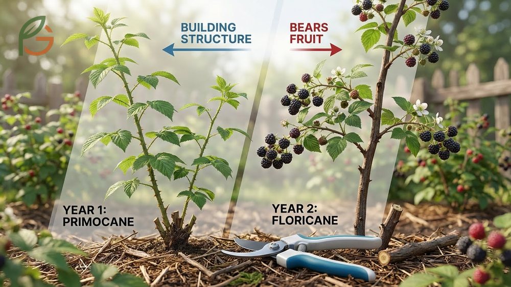 Pruning black raspberries based on their biennial growth pattern where second year floricanes bear the fruit.
