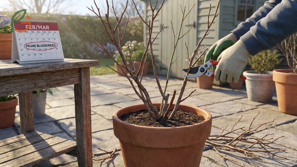 When to prune blueberry bushes in pots maintaining 4 to 6 main canes for manageable container growth.