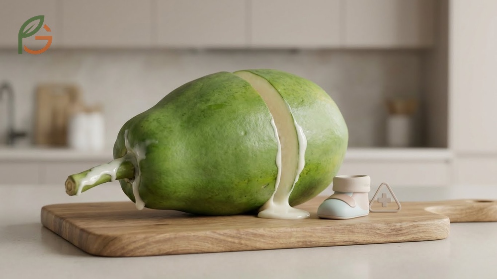 Green unripe papaya containing high concentrations of latex and papain enzymes that can trigger uterine contractions.