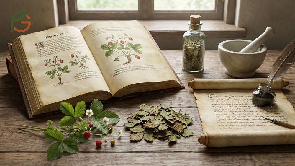 Historical illustration of wild strawberry plants used in traditional European herbal medicine.