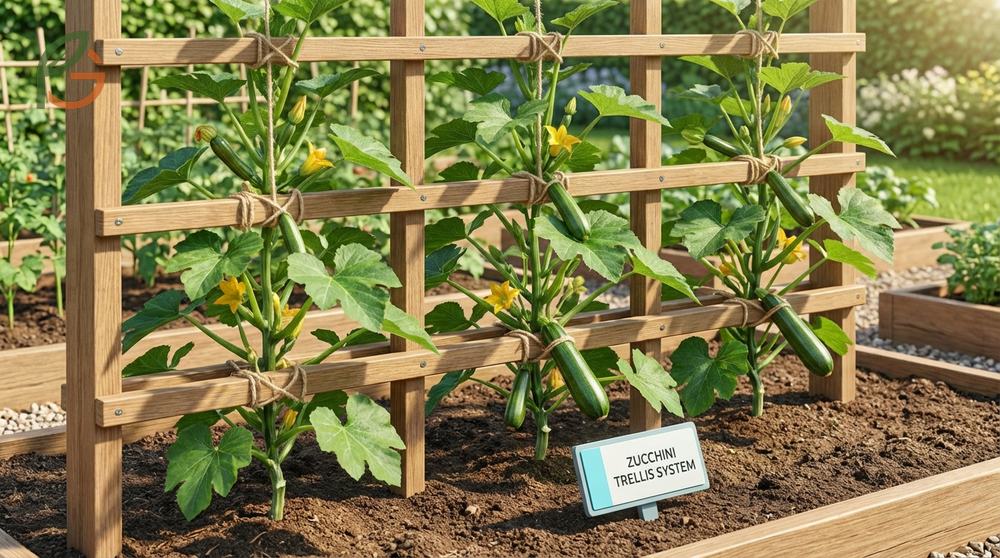 Trellis systems for zucchini with horizontal support lines spaced four to six inches apart.