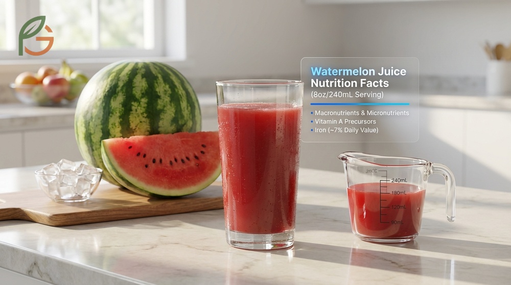Watermelon juice nutrition facts reveal 7 percent daily value for iron and zero fat in every 8oz serving.
