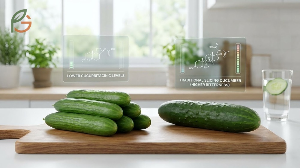 Close up view of burpless cucumber slices showing the lack of developed seeds and thin skin structure that aids digestion.