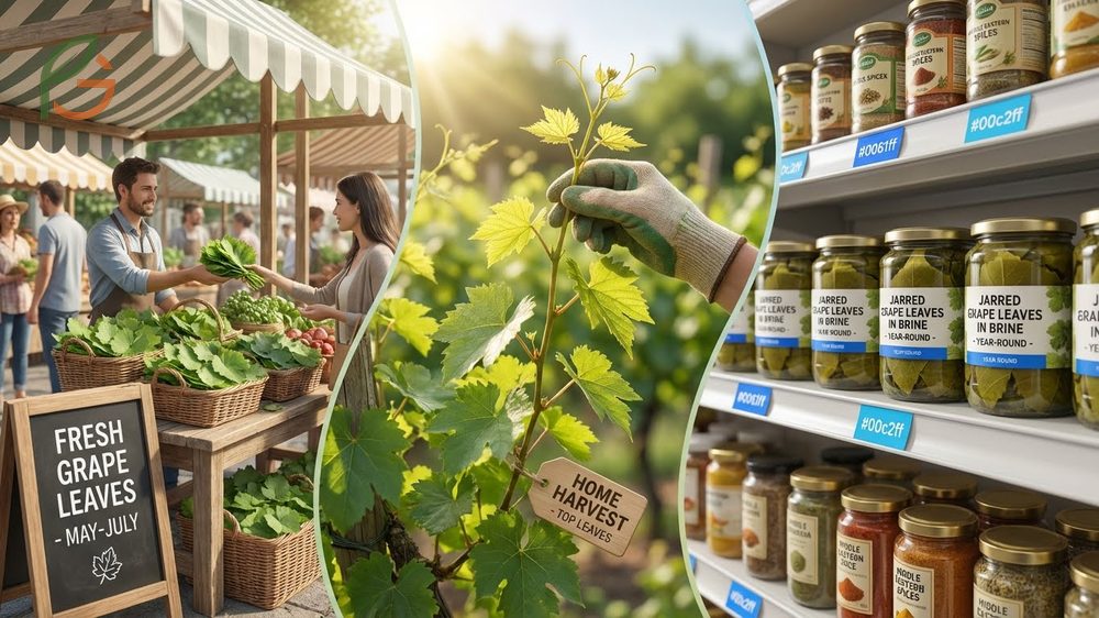 Where to buy grape leaves guide featuring jars at Mediterranean markets and fresh bundles from local vineyards.