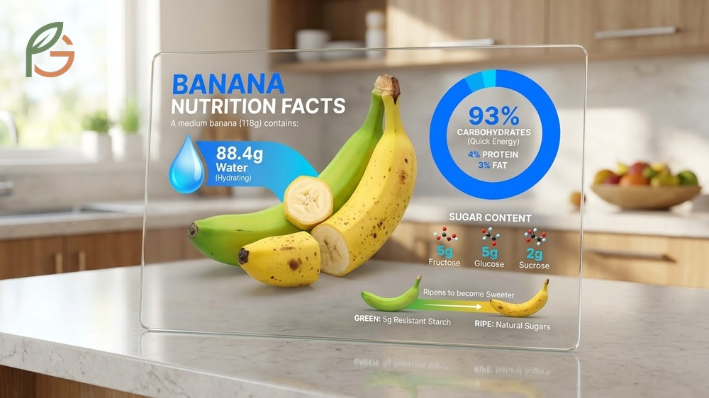 Banana nutrition facts vitamins listing Vitamin B6 and Vitamin C content that supports immune health and metabolism.