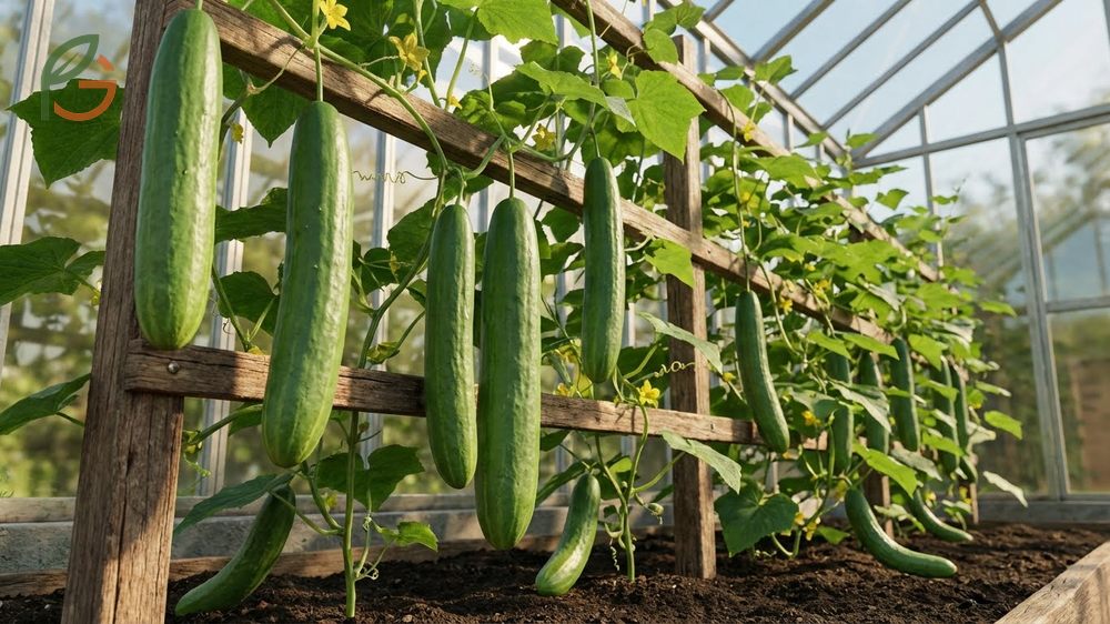 Long and slender burpless cucumbers hanging from a trellis showing their smooth skin and narrow diameter of two inches.