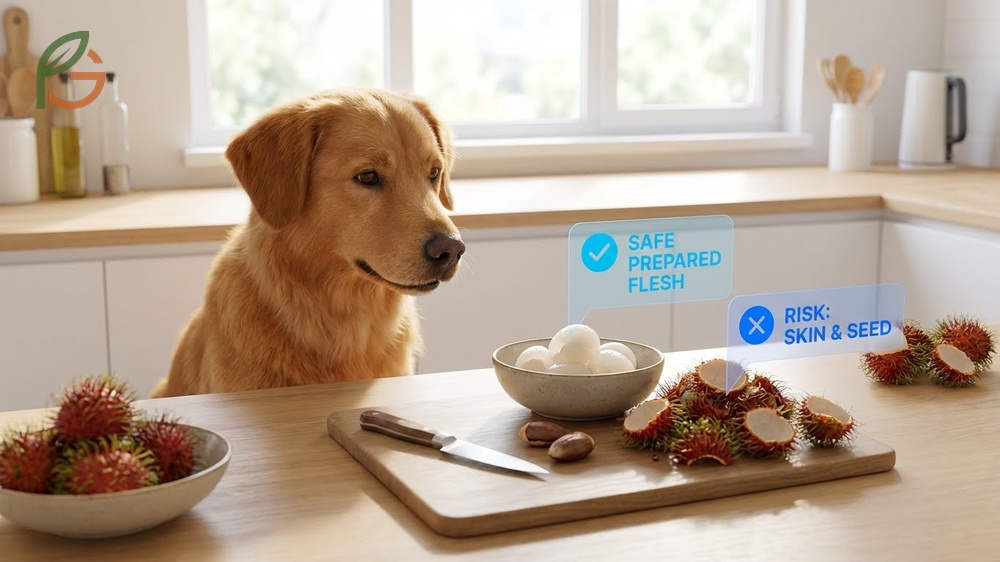 Can dogs eat rambutan precaution chart detailing the three hazard zones including toxic skin and hard seeds that cause blockages.