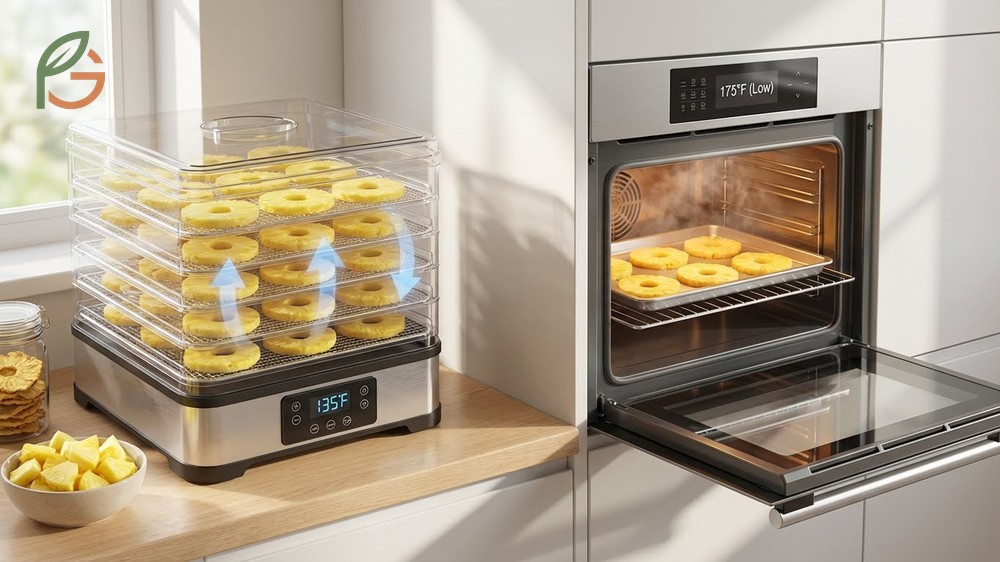 How to dehydrate pineapple using an electric dehydrator versus a conventional oven for best results.