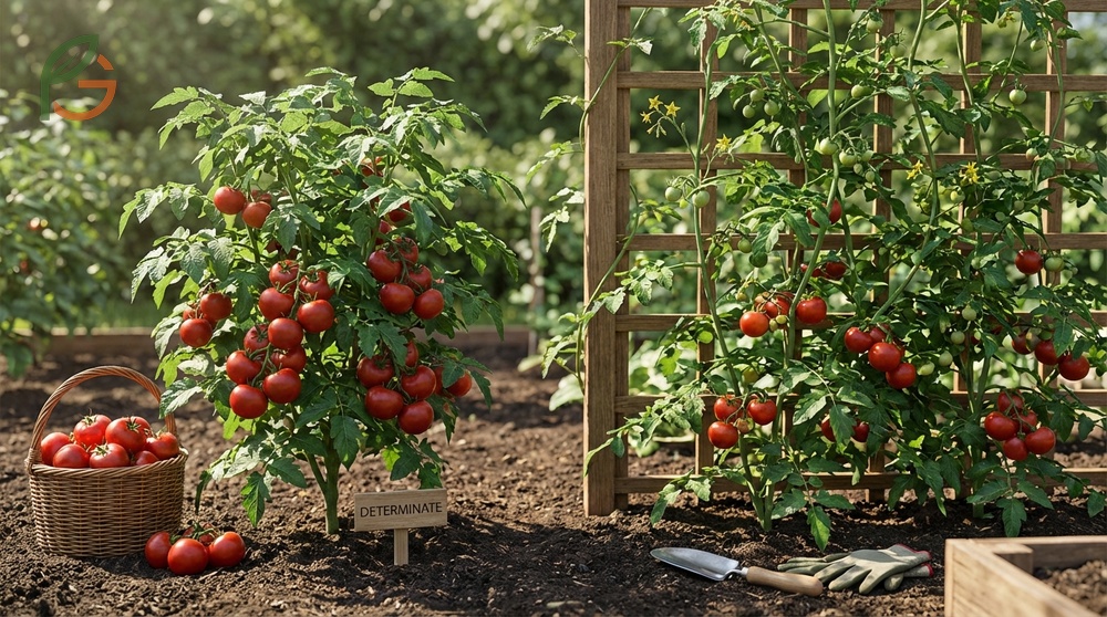 Determinate vs indeterminate tomatoes have distinct fruiting schedules with bush types ripening all at once for canning.