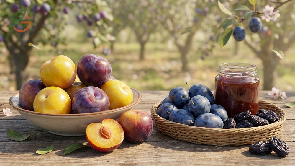Different types of plums showing Japanese and European species with specific chill hour requirements.