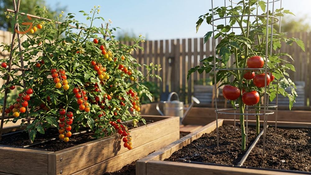 Cherry tomatoes vs grape tomatoes growing habits comparing vigorous cherry vines with compact grape tomato plants.