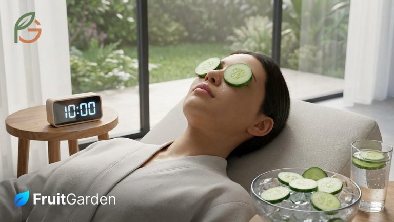 How long to leave cucumbers on eyes guide showing chilled slices applied for 10-15 minutes to reduce puffiness.