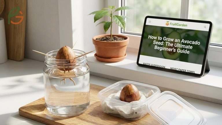 How to grow an avocado seed guide featuring water suspension and paper towel methods for germination.