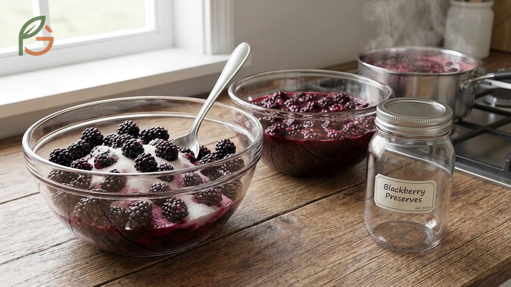 How to make blackberry preserves involves macerating fruit with sugar for 30 minutes before boiling to thicken.