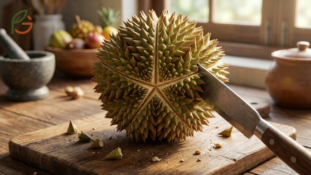 How to open durian using the star pattern technique and a knife to pierce the 5 to 8mm thick shell.