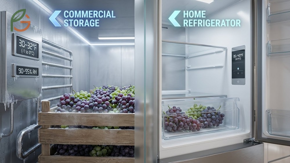 Storage temperature for grapes should be maintained between 30 and 32 degrees Fahrenheit with high humidity.
