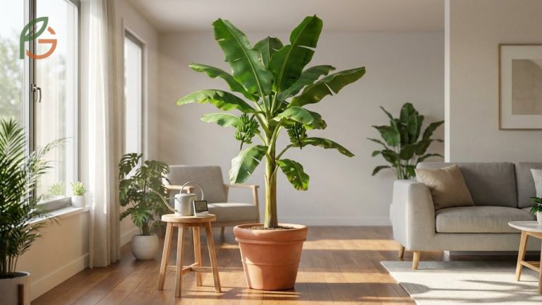 Indoor banana tree plant growing guide featuring dwarf varieties like Cavendish in large containers.