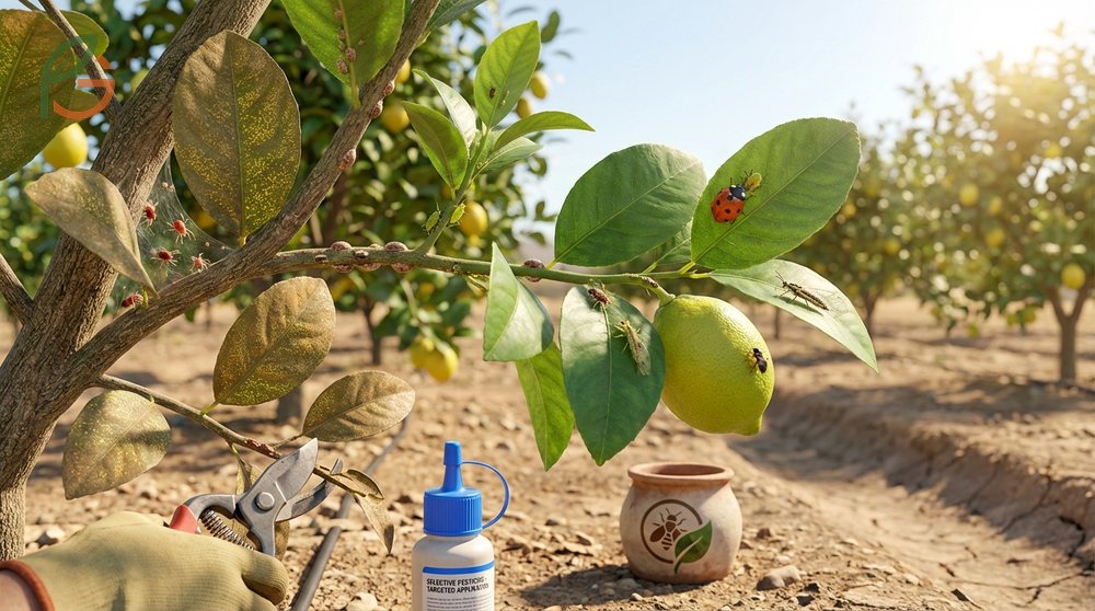 Lemon tree pest control uses integrated management to fight spider mites and scale insects that cause yellowing leaves.
