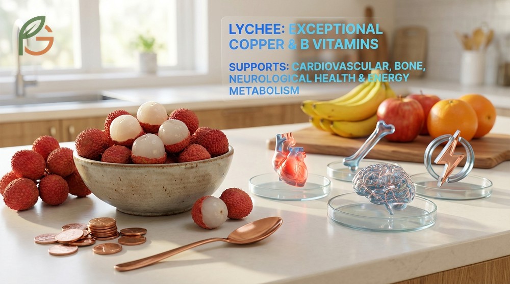 Lychee vitamins and minerals profile features significant copper content essential for cardiovascular and bone health.